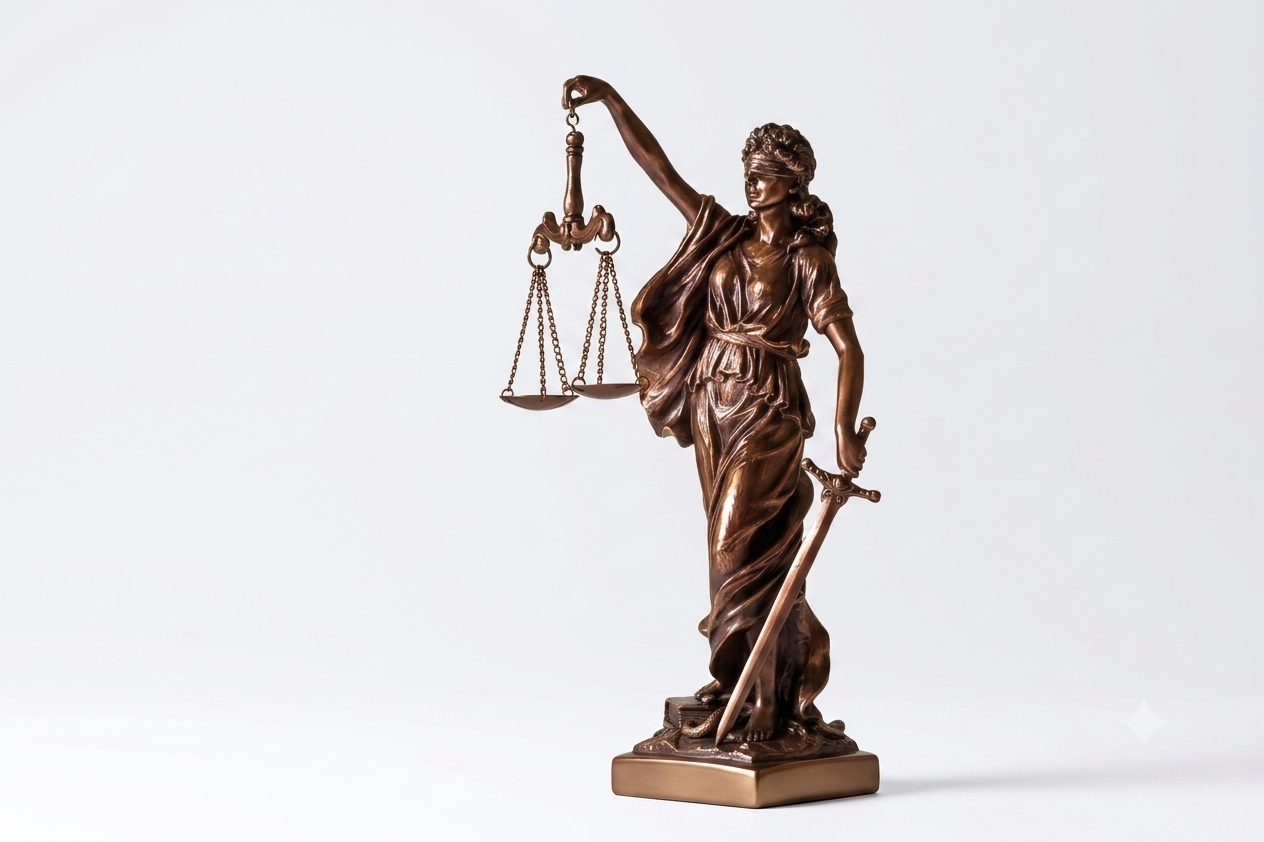 Bronze statue of Lady Justice holding the scales of justice